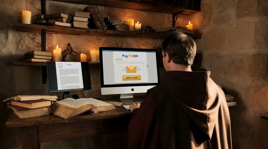 A monk sends a digital prayer through Pray-mazon while God struggles with a forgotten password in heaven before a giant pasta creature appears at the window.