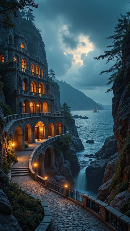 A multi-story stone building with warm glowing windows built into a cliff overlooking the sea at dusk, with a winding path and small waterfall.