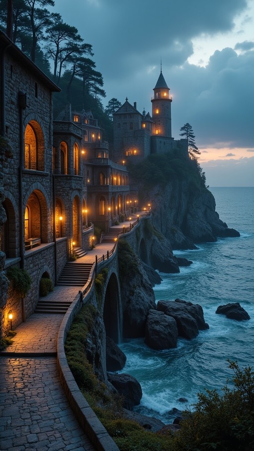 A stone castle with glowing windows and a tower sits atop a rocky cliff overlooking the ocean at twilight, with a lit cobblestone path winding along the edge.