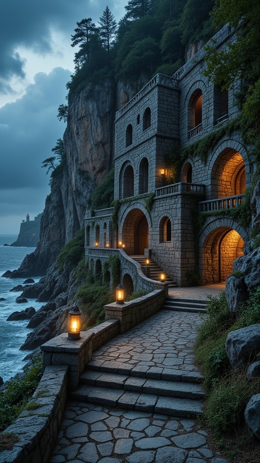 A stone building with arched windows built into a cliff overlooking the sea, illuminated by warm lanterns along a cobblestone path.