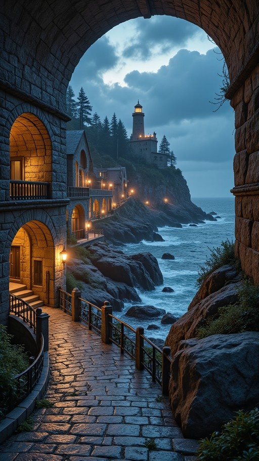 A stone archway frames a view of a glowing lighthouse on a rocky cliff overlooking the ocean at dusk.