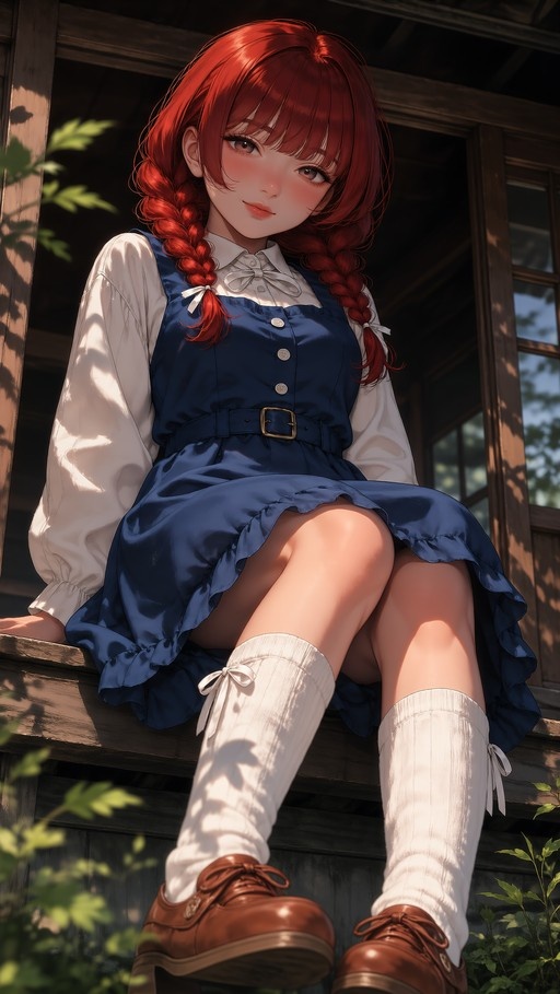 Red-haired anime girl with twin braids wearing a blue pinafore dress and white knee-high socks sitting on a wooden porch.