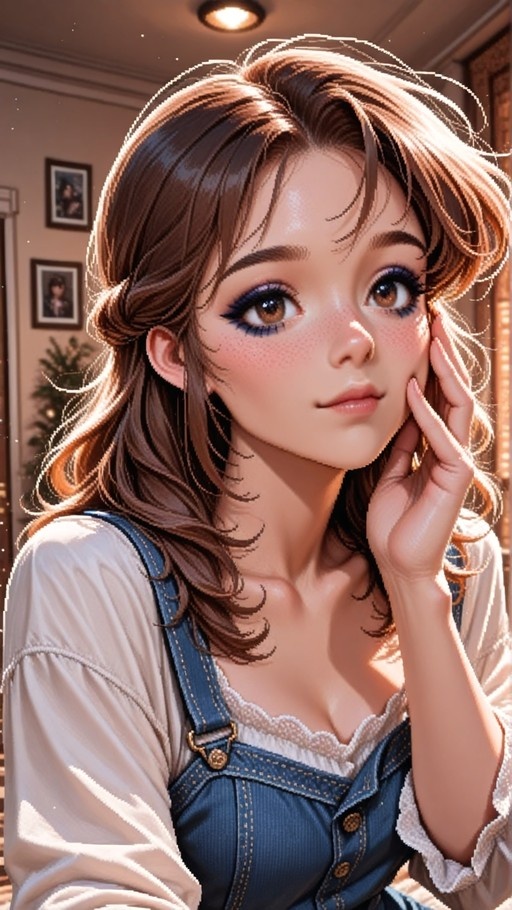 A young woman with long brown hair and freckles wearing blue denim overalls and a white shirt touches her cheek while looking at the viewer in a warmly lit room.