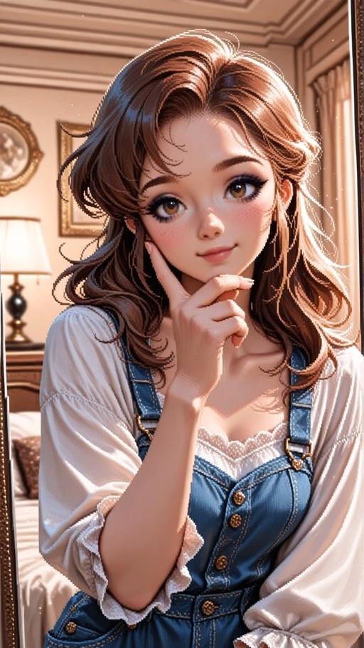 A digital illustration of a young woman with long brown hair and freckles, wearing blue denim overalls over a white blouse, posing indoors near a mirror with her hand on her chin in a pixel art style.