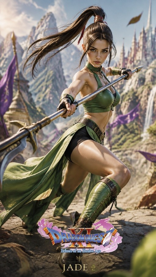 A female warrior named Jade from Dragon Quest XI holding a large spear in a mountainous landscape.