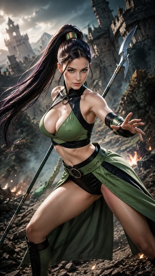 A full-body shot of a female fantasy warrior with long dark hair in a high ponytail, wearing a green halter top and black shorts, holding a large polearm weapon while standing in front of castle ruins with fire on the ground.