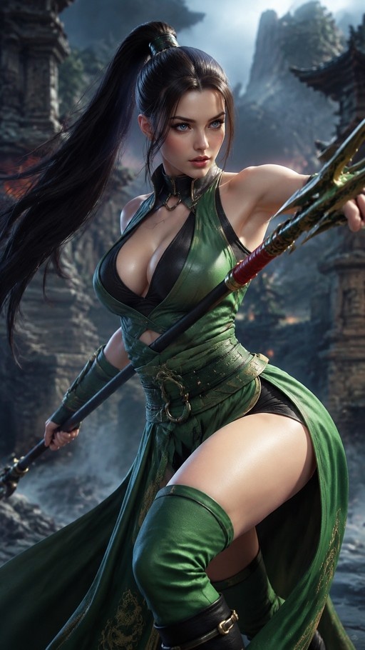 A female warrior with long black hair and blue eyes wears a green outfit and holds a polearm in front of misty mountains.