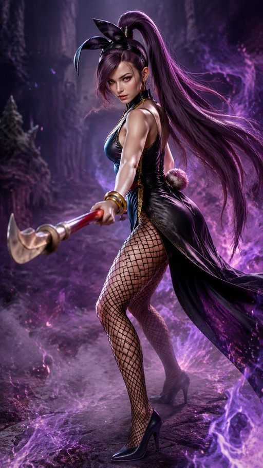 A full-body digital illustration of Chun-Li as a bunny girl with long purple hair and rabbit ears, wearing fishnet stockings and holding a large polearm in a mystical purple environment.