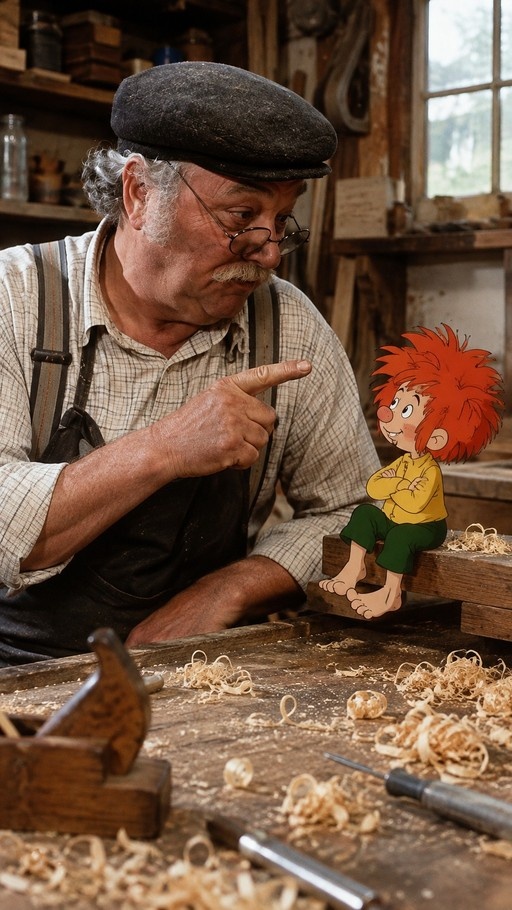 An elderly man in a flat cap and apron points at a small red-haired animated boy sitting on a wooden workbench.