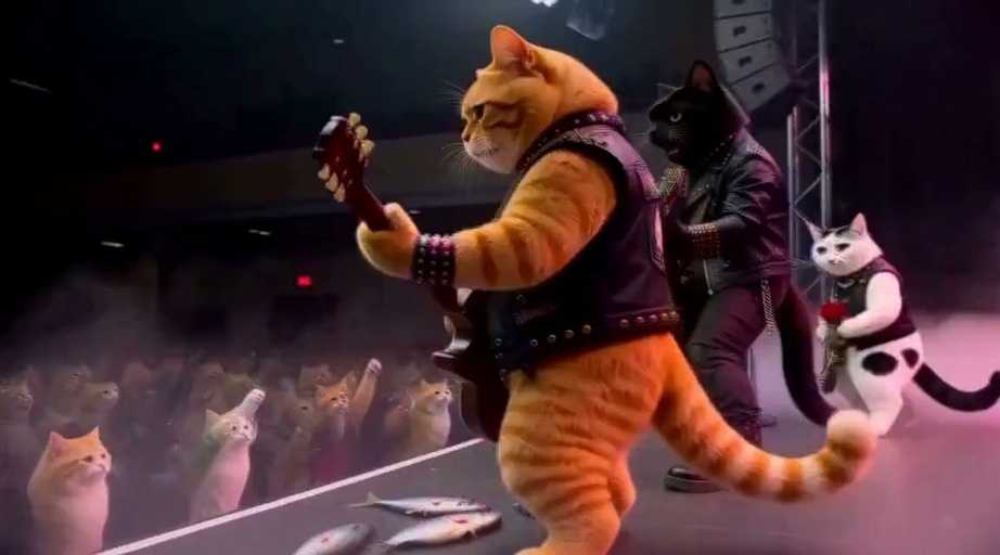 An orange tabby cat sings and plays guitar while a black cat solos during a punk rock concert by The Cataclyms.