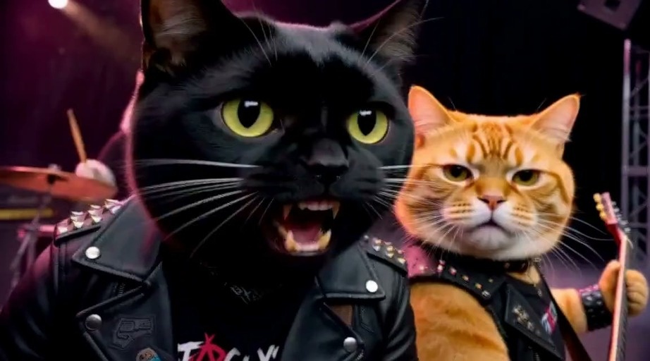 A four-piece punk rock band of anthropomorphic cats performs on a stage with purple lighting; a black cat sings into a microphone while an orange tabby plays guitar and a spotted cat plays bass in front of a cheering audience.