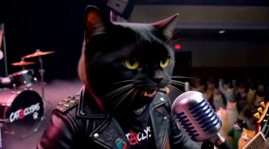 A black cat singer in a spiked leather jacket performs into a vintage microphone on stage with other anthropomorphic cats playing instruments during a punk rock concert.