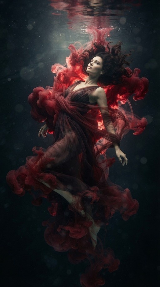 A woman with long black hair floats underwater in a sheer red dress, looking up towards the light as red fabric billows around her.