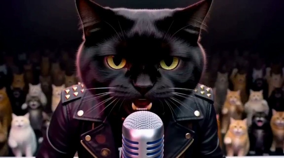 A punk rock band of anthropomorphic cats performs on stage with pink fog while an audience throws fish and roses.