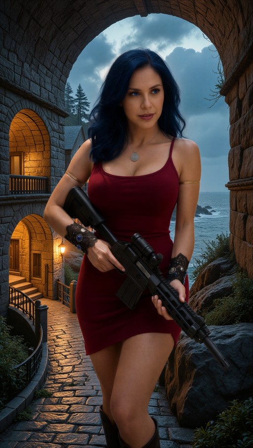 Woman in red dress holding rifle under stone archway near ocean