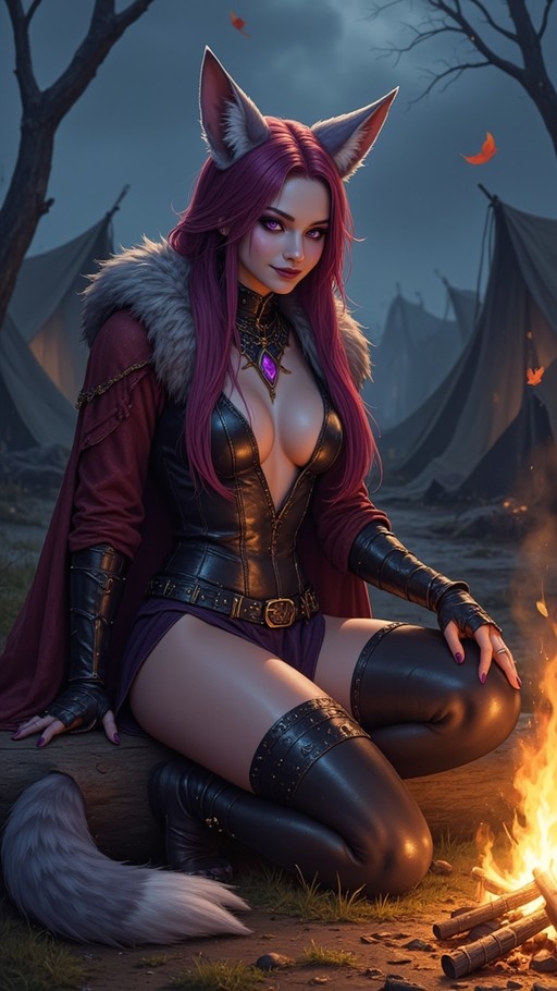 A purple-haired fox girl with animal ears and a tail kneels by a campfire, wearing a black bodysuit and red fur-trimmed cloak in a fantasy forest setting.