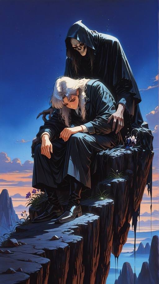 A white-haired man in a black robe sits on a cliff edge with his eyes closed while a skeletal figure in a hood stands behind him.