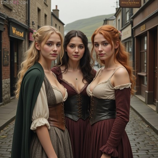 Three young women wearing medieval-style corset dresses and capes stand side-by-side on a cobblestone village street, looking directly at the viewer.