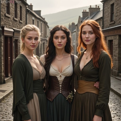 Three young women in medieval dresses standing on a cobblestone street looking at the viewer.