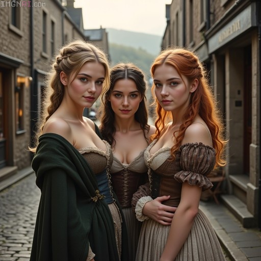 Three women with blonde, brunette, and red hair wearing period corsets and cloaks stand on a cobblestone street in Sligo.