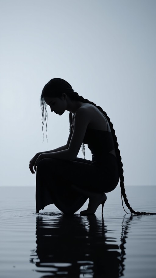 A monochromatic image showing a woman with very long braided hair squatting in shallow water while wearing a black dress and high heels.