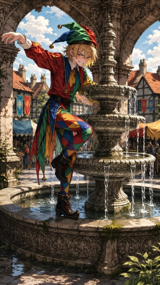 A blonde anime boy in a colorful jester outfit balances on one leg on a stone fountain in a medieval town square.