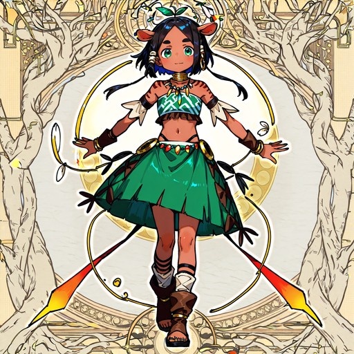 A dark-skinned anime girl with black hair and deer ears stands in a green tribal skirt and gold jewelry against a golden circular frame with white trees.