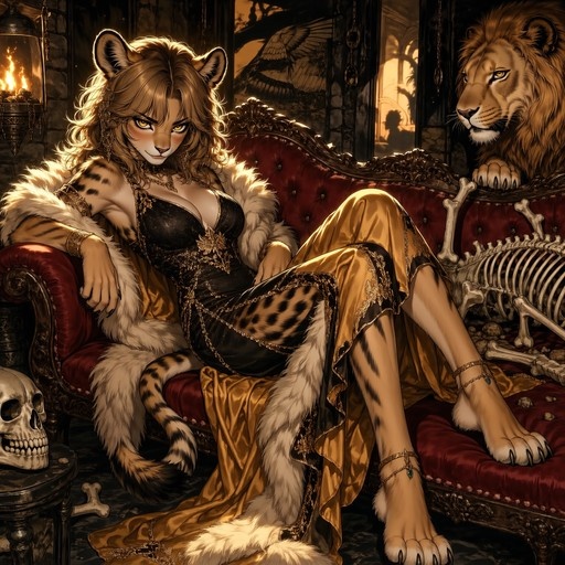 A feline anthro woman with tawny fur and yellow eyes reclines on an ornate red sofa wearing a black dress and fur stole, surrounded by bones and a skull while a male lion watches in the background.