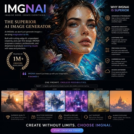 Promotional graphic for IMGNAL image generator featuring a central portrait of a woman with blue eyes and floral elements, alongside text highlighting platform benefits and six style variations of a castle illustration.
