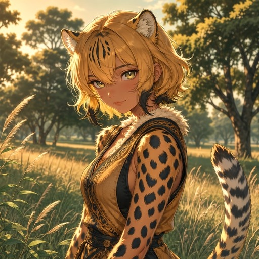 An anime-style illustration of Jaguar from Kemono Friends standing in a grassy field with trees in the background.