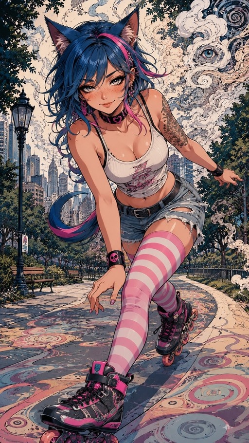 Anime-style illustration of a blue-haired cat girl with pink streaks roller skating on a swirling patterned path in a city park.