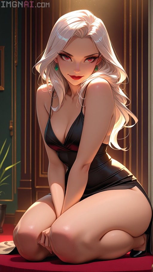 A digital illustration of a woman with long white hair and red eyes wearing a black slip dress and green earrings, kneeling on a red carpet in an elegant room.