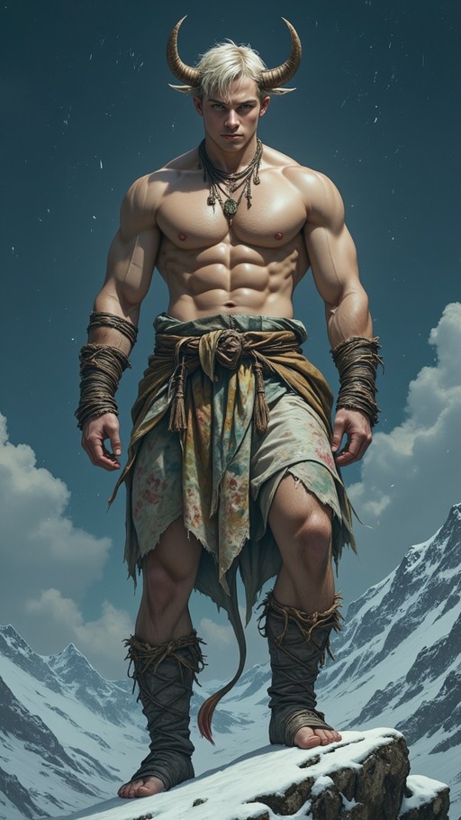 Full body shot of a muscular white-haired minotaur standing on a snowy rock with mountains in the background