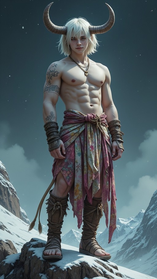 A full-body digital illustration of a muscular young man with large curved horns and white hair standing on a snowy rock ledge in a mountain range at night. He is shirtless with tattoos on his right arm, wearing a patterned fabric wrap, leather bracers, and strappy sandals, looking directly at the