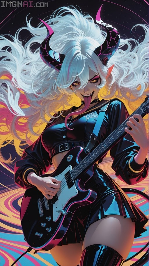 A horned succubus with flowing white hair and a long tongue plays an electric guitar while wearing a shiny black outfit against a colorful swirling background.