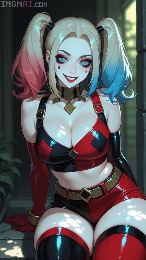 Harley Quinn sitting and smiling in a red and black jester outfit with blonde pigtails.