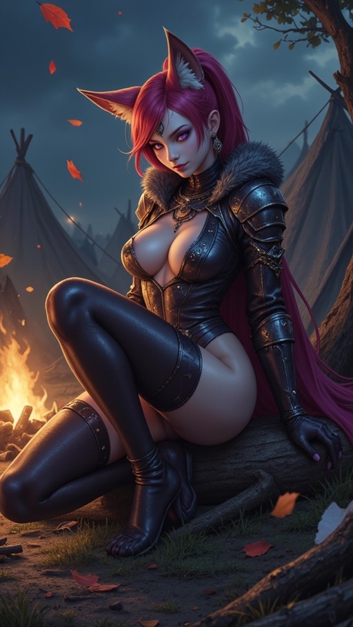 A pink-haired woman with fox ears sits on a log by a campfire at night, wearing dark leather armor and thigh-high boots while tents stand in the background.