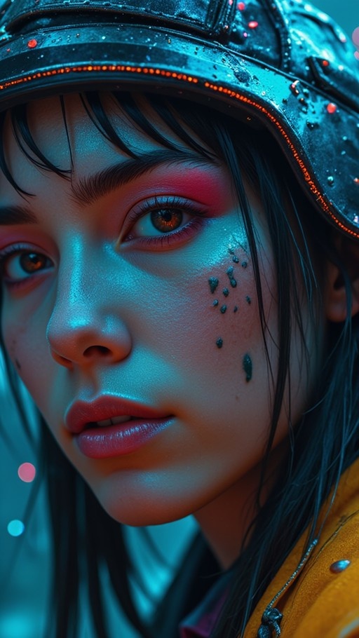 Close-up of a young woman with dark hair and brown eyes wearing a metallic helmet with orange lights, featuring small scales on her cheek and pink eyeshadow under blue and orange lighting.