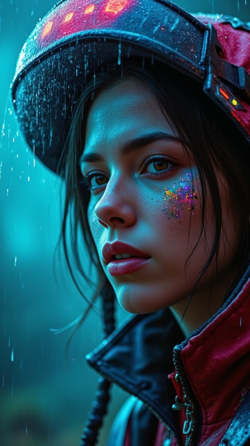 Close-up of a realistic young woman in a futuristic helmet with red lights and iridescent glitter makeup on her cheek, standing in the rain.