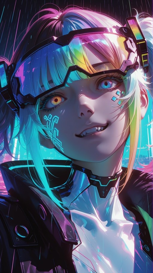A cyberpunk girl with multicolored pink and blue twintails, heterochromatic orange and blue eyes, wearing futuristic goggles and glowing cyan cheek tattoos while standing in the rain.