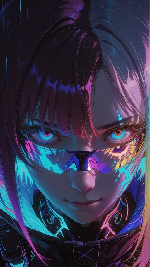 Close-up digital illustration of Lucy from Cyberpunk: Edgerunners wearing a futuristic visor with glowing neon lights.