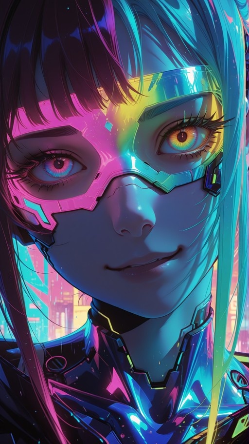 Close-up of Lucy from Cyberpunk: Edgerunners with blue and purple hair wearing sleek neon eyewear that reflects vibrant colors, showcasing her cybernetic implants and striking multicolored eyes.