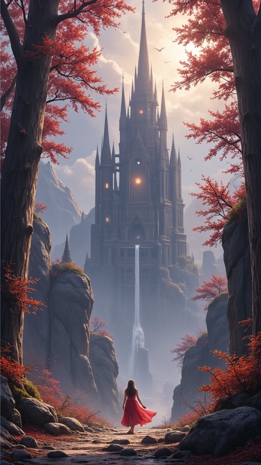 A woman in a red dress walks along a path towards a tall gothic castle with a waterfall, framed by trees with red leaves.