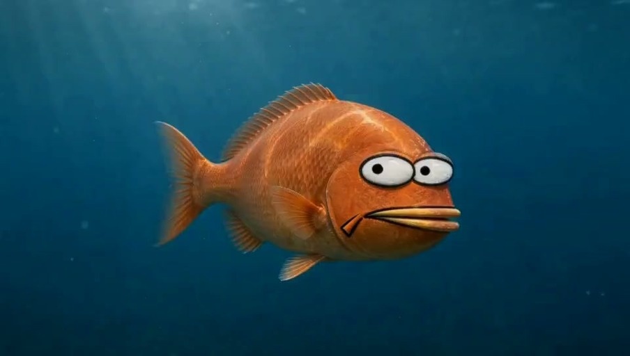 An orange fish with large eyes swims in blue water before transitioning to scenes of it playing guitar by a fire and watching a rocket launch.