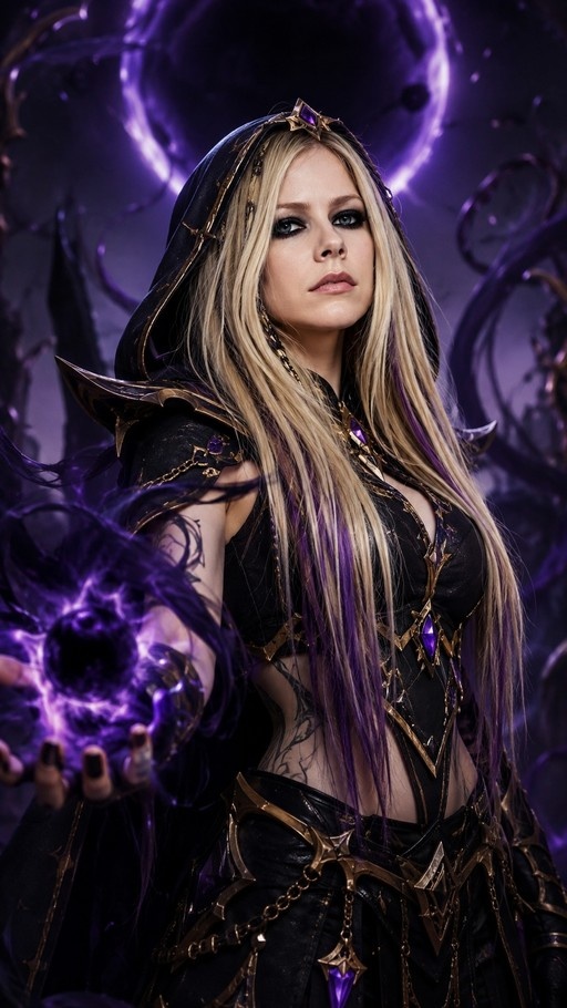 Avril Lavigne cosplaying as a dark fantasy mage in black and gold armor, holding a glowing purple magic orb.