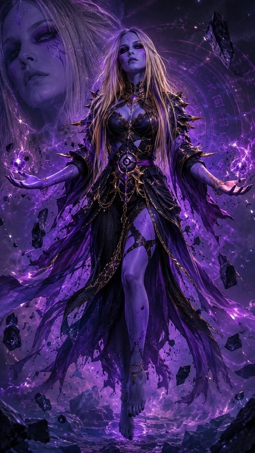 A barefoot woman with purple skin and long blonde hair floats in the air wearing a spiked black dress, surrounded by purple magical energy and floating rocks.