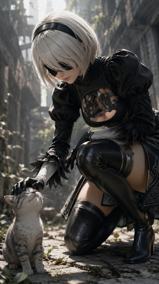 A woman with short white hair and a black blindfold kneels to pet a small grey cat in an outdoor ruin setting.
