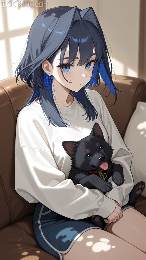 Ouro Kronii sitting on a brown couch holding a small black dog.
