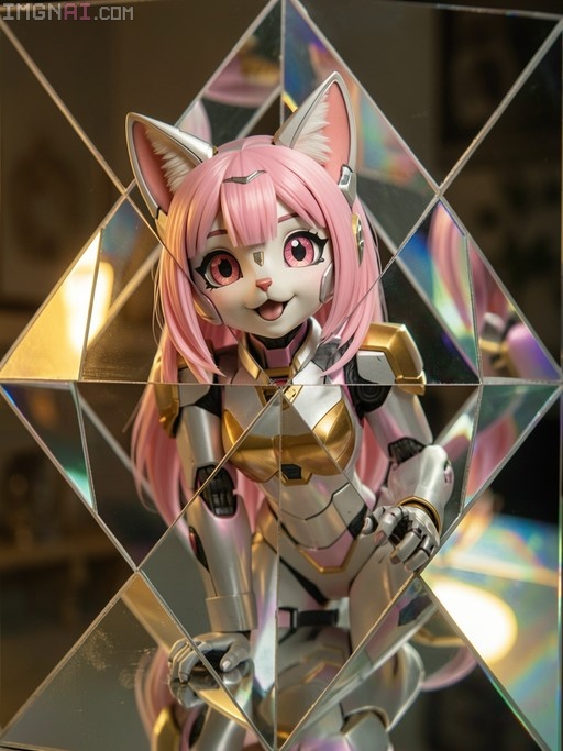 A pink-haired android catgirl with robotic arms smiles through a geometric prism reflection.
