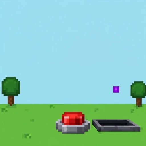 A pixelated purple portal opens in a blue sky above a green field where a crying horned monster holding an orange pumpkin character lands next to a red button and an open grave.
